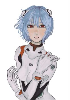 1girl absurdres ayanami_rei blue_hair bodysuit breasts crossed_arms eyelashes hair_between_eyes hands_on_own_shoulders highres interface_headset_(evangelion) looking_at_viewer lulalunee mecha_pilot_suit medium_breasts messy_hair neon_genesis_evangelion nose parted_lips pink_lips plugsuit_(evangelion) red_eyes short_hair simple_background solo straight-on upper_body white_background white_bodysuit