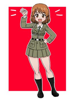 Rule 34 | 1girl, arm up, bare legs, black boots, bonple military uniform, boots, breasts, brown eyes, brown hair, cape, girls und panzer, girls und panzer saishuushou, grey jacket, grey skirt, hand on own hip, hand up, jacket, maiko's driver, open mouth, red background, short hair, skirt, smile, takahashi kurage, unworn cape