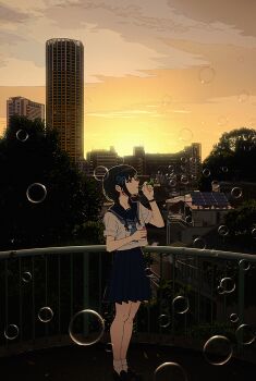 1girl amemori_sayo amemori_sayo_(2nd_costume) backlighting black_hair black_shoes blowing_bubbles blue_neckerchief blue_ribbon blue_sailor_collar blue_skirt bottle bracelet braid bubble bubble_pipe city cloud commentary full_body grey_eyes hair_over_shoulder hair_ribbon hands_up highres holding holding_bottle jewelry legs_together long_hair looking_up low_twin_braids miniskirt neckerchief nijisanji nkymyura orange_sky pleated_skirt profile railing ribbon sailor_collar school_uniform shirt shoes short_sleeves skirt sky socks solo standing sunset twin_braids virtual_youtuber white_shirt white_socks