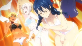 3girls ahoge anime_screenshot blonde_hair blue_hair blush bow bow_panties bra braid breasts camouflage camouflage_bra closed_eyes closed_mouth covering_breasts covering_crotch covering_privates cowboy_shot dark-skinned_female dark_skin female_focus green_eyes hair_ornament hairclip highres jacket large_breasts long_hair mito_ikumi multiple_girls nakiri_alice navel nose_blush open_mouth orange_background panties red_eyes shokugeki_no_souma short_hair small_breasts stitched tadokoro_megumi teeth thighs third-party_edit twin_braids underwear underwear_only unworn_jacket upper_teeth_only white_bra white_hair white_panties