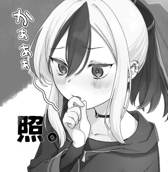 1girl black_choker black_hair black_hoodie blue_archive blush choker demon_girl demon_horns earclip embarrassed finger_to_mouth furrowed_brow greyscale hand_up highres hood hood_down hoodie horns kayoko_(blue_archive) kisaka long_sleeves monochrome multicolored_hair open_mouth ponytail sidelocks solo translated tsurime two-tone_hair upper_body white_hair