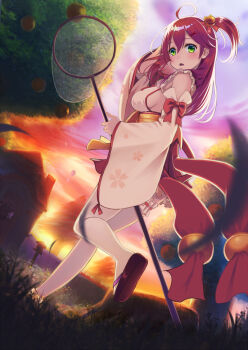 1girl ahoge animal_crossing arm_behind_head blush breasts butterfly_net cherry_blossom_print chestnut_mouth detached_sleeves female_focus floral_print frilled_thigh_strap frills grass green_eyes hair_ornament hairclip hand_net highres hololive house koko_(koko3) long_hair nintendo nontraditional_miko one_side_up open_mouth outdoors pink_hair sakura_miko sakura_miko_(1st_costume) sandals sideboob solo thigh_strap tree virtual_youtuber wide_sleeves