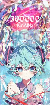 1girl absurdres aqua_eyes aqua_hair aqua_necktie artist_name bare_shoulders black_sleeves blush bubble character_name closed_mouth collared_shirt commentary detached_sleeves dot_nose dress floating_hair frown grey_dress hair_between_eyes hair_ornament hairclip hands_on_own_shoulders hatsune_miku heart highres kiriaina long_sleeves looking_at_viewer necktie shirt sleeveless sleeveless_dress solo split_mouth submerged title twintails upper_body vocaloid water
