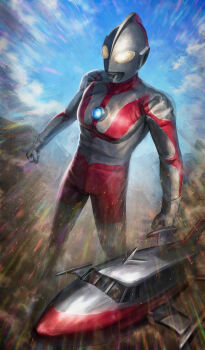 1boy absurdres aircraft airplane alien blue_sky clenched_hands cloud cloudy_sky color_timer colored_skin commentary compound_eyes day dorsal_fin dust_cloud dutch_angle emphasis_lines feet_out_of_frame fighter_jet giant giant_male glowing glowing_eyes gradient_eyes highres jet_vtol_(ultraman) large_pectorals light_particles looking_ahead male_focus military_vehicle multicolored_eyes multicolored_skin muscular muscular_male no_pupils outdoors pectorals red_skin robuja silver_skin sky standing tokusatsu two-tone_skin ultra_series ultraman ultraman_(1st_series) white_eyes wrinkled_skin yellow_eyes