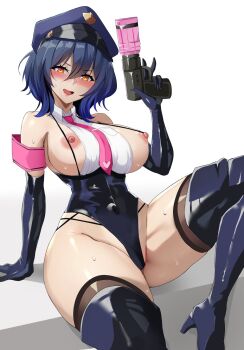 1girl arm_support armband black_boots black_gloves black_leotard blue_hair blush boots breasts breasts_out elbow_gloves gloves grey_thighhighs gun hand_up hat heart heart_print highleg highleg_leotard highres indie_virtual_youtuber lainart large_breasts latex latex_boots latex_gloves leotard looking_at_viewer necktie nipples open_mouth orange_eyes oumiya_emma peaked_cap pink_armband pink_necktie short_hair simple_background sitting smile solo strap thigh_boots thighhighs virtual_youtuber weapon white_background