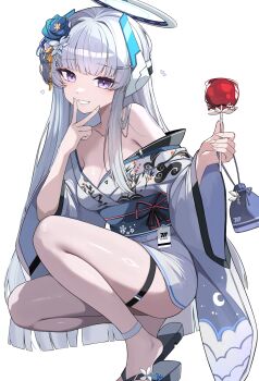 1girl :d absurdres ankle_strap blue_archive breasts candy_apple cleavage commentary flower food grey_hair grey_sash grin hair_flower hair_ornament halo hands_up headgear highres holding holding_candy_apple holding_food japanese_clothes kimono kkato large_breasts long_hair long_sidelocks looking_at_viewer mechanical_halo noa_(blue_archive) obi open_mouth print_kimono purple_eyes sandals sash short_kimono sidelocks simple_background single_off_shoulder smile solo squatting thigh_strap v v_over_mouth very_long_hair white_background white_halo white_kimono