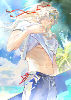 1boy abs absurdres black_pants blue-tinted_eyewear closed_mouth clothes_lift covered_pectorals eyewear_on_head from_below hair_over_one_eye highres honkai:_star_rail honkai_(series) jing_yuan lifting_own_clothes long_hair looking_at_viewer male_focus male_underwear male_underwear_peek mole mole_under_eye navel pants pectorals ponytail shirt shirt_lift simple_bird solo tinted_eyewear underwear watermark weibo_watermark weishiji white_hair white_male_underwear white_shirt yellow-framed_eyewear yellow_eyes