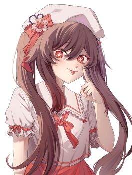 Rule 34 | 1girl, :p, absurdres, alternate eye color, beret, blver, bright pupils, brown hair, collar, floating hair, frilled collar, frilled sleeves, frills, genshin impact, hair between eyes, hair ribbon, hand up, hat, highres, hu tao (autumn pop-up store) (genshin impact), hu tao (genshin impact), index finger raised, light blush, looking at viewer, neck ribbon, official alternate costume, puffy short sleeves, puffy sleeves, red eyes, red ribbon, red skirt, ribbon, sailor collar, short sleeves, sidelocks, simple background, skirt, sleeve ribbon, star-shaped pupils, star (symbol), symbol-shaped pupils, tongue, tongue out, twintails, white background, white headwear, white pupils, white sailor collar