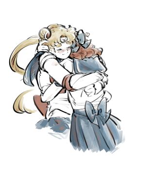 2girls back_bow bishoujo_senshi_sailor_moon blue_bow blue_sailor_collar blue_skirt bow bowtie circlet closed_eyes closed_mouth curly_hair hair_bow highres hug light_blush mercuri0ff multiple_girls oosaka_naru parted_bangs red_bow red_bowtie sailor_collar sailor_moon school_uniform serafuku simple_background skirt smile thick_eyebrows tsukino_usagi twintails white_background