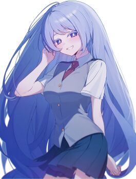 Rule 34 | 1girl, arm behind back, blue eyes, blue hair, boku no hero academia, breasts, bright pupils, collared shirt, green skirt, hado nejire, hand in own hair, hand up, highres, long hair, looking at viewer, medium breasts, menimanimonimon, necktie, pleated skirt, red necktie, school uniform, shirt, short sleeves, simple background, skirt, smile, solo, u.a. school uniform, white background, white pupils, white shirt