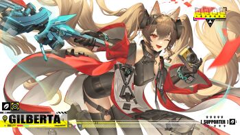1girl absurdres angelia_(girls'_frontline) angelina_(arknights) animal_ears arknights arknights:_endfield bare_shoulders black_gloves black_thighhighs elbow_gloves fox_ears fox_girl fox_tail gilberta_(arknights) gloves hair_between_eyes hashtag-only_commentary highres holding holding_polearm holding_weapon long_hair mage_staff off_shoulder one_eye_closed polearm red_eyes soho_(user_dphk5745) solo staff tail thighhighs twintails very_long_hair weapon
