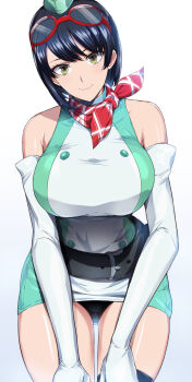 1girl bare_shoulders belt black_hair black_panties black_thighhighs breasts digimon digimon_story:_time_stranger dress garrison_cap goggles goggles_on_head green_dress green_hat hat highres kumakichi_(cost-lost) large_breasts looking_at_viewer panties red_scarf scarf short_dress short_hair single_thighhigh smile solo thighhighs two-tone_dress underwear white_dress yellow_eyes yuuki_kanan