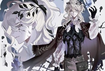 1boy absurdres androgynous bishounen black_gloves blonde_hair blue_eyes brown_jacket brown_pants expressionless face_gems facial_scar fang feathers frilled_sleeves frills gloves gold_trim half_updo heart_(organ) highres hollow_body identity_v jacket jacket_on_shoulders laurel_crown long_hair luca_balsa luca_balsa_(fugue_for_dawn) male_focus multiple_views official_alternate_costume pants portrait profile puffy_sleeves scar scar_on_cheek scar_on_face skin_fang stitched_eye straight-on sushisushi_iiii upper_body wavy_hair