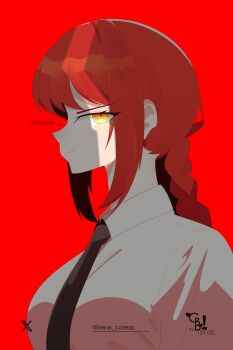 1girl absurdres artist_name black_necktie braid braided_ponytail chainsaw_man closed_mouth collared_shirt commentary diamondgreenanimat0 english_commentary highres makima_(chainsaw_man) necktie red_background red_hair ringed_eyes shirt sidelocks simple_background solo twitter_x_logo white_shirt yellow_eyes