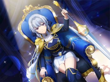 1girl black_boots black_jacket boots crossed_legs dutch_angle epaulettes game_cg grey_hair hair_intakes holding holding_polearm holding_weapon jacket jacket_on_shoulders lance long_hair long_sleeves looking_at_viewer official_art polearm purple_eyes shirt shoujo_kageki_revue_starlight shoujo_kageki_revue_starlight_-re_live- sidelocks sitting sitting_on_throne skirt solo sparkle spotlight thigh_boots v-shaped_eyebrows weapon white_jacket white_shirt white_skirt yukishiro_akira