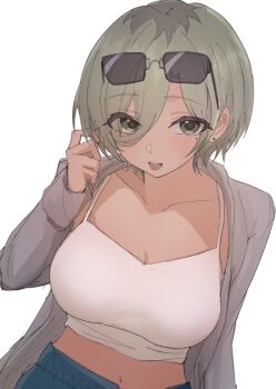 1girl blush breasts brown_jacket camisole cleavage earrings eyewear_on_head girls_band_cry hair_between_eyes hanekuri_(nnainain) highres jacket jewelry large_breasts long_hair_between_eyes long_sleeves looking_at_viewer midriff mole mole_under_eye multicolored_hair open_clothes open_jacket open_mouth roots_(hair) rupa_(girls_band_cry) simple_background solo spaghetti_strap stud_earrings white_background white_camisole