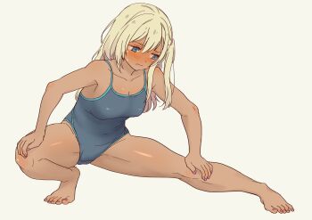 1girl barefoot blonde_hair blue_eyes blue_one-piece_swimsuit blush breasts daipunch dark-skinned_female dark_skin full_body galzaki-san_(daipunch) gyaru highres long_hair medium_breasts one-piece_swimsuit original pink_nails school_swimsuit simple_background solo stretching sweatdrop swimsuit tan