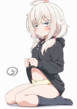 1girl ahoge black_hoodie black_socks blue_eyes blush closed_mouth clothes_lift expressionless eyebrows_hidden_by_hair flat_chest from_side hair_between_eyes highres hood hoodie hoodie_lift loli looking_at_viewer medium_hair midriff navel original panties qualia-chan_(vuta) short_twintails simple_background sitting socks solo thick_eyelashes twintails underwear vuta wariza white_background white_hair yellow_panties