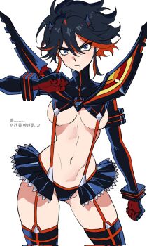 1girl black_hair black_skirt black_thighhighs blue_eyes breasts commentary_request highres kamui_(kill_la_kill) kill_la_kill korean_commentary korean_text life_fiber living_clothes matoi_ryuuko medium_breasts multicolored_hair navel red_hair revealing_clothes senketsu sisi_am1011 skirt solo streaked_hair suspenders thighhighs translation_request two-tone_hair underboob