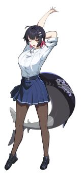 1girl absurdres against_railing arms_up bag black_hair black_shoes blue_skirt breasts brown_pantyhose colored_inner_hair commentary_request ellen_joe ellen_joe_(on_campus) fins fish_tail from_side full_body highres large_tail looking_at_viewer medium_breasts mole mole_under_eye multicolored_hair official_alternate_costume one_eye_closed pantyhose railing razor_blade_hair_ornament red_eyes scar scar_on_tail shark_girl shark_tail shirt shoes simple_background skirt solo tail white_background white_shirt yawning zartrial025 zenless_zone_zero