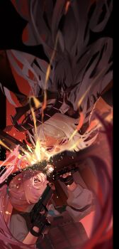 2girls absurdres aircctzillie ballistic_shield black_halo blue_archive blue_necktie bulletproof_vest collared_shirt commentary_request fighting grey_hair gun halo handgun highres hina_(blue_archive) holding holding_gun holding_shield holding_weapon hoshino_(armed)_(blue_archive) hoshino_(blue_archive) long_hair looking_at_another machine_gun mixed-language_commentary multiple_girls necktie official_alternate_costume parted_bangs pink_hair pink_halo ponytail purple_eyes shield shirt very_long_hair weapon white_shirt yellow_eyes