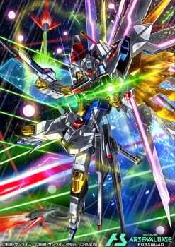 aiming aiming_at_viewer beam_rifle bit_(gundam) copyright_logo copyright_name copyright_notice energy_barrier energy_beam energy_gun energy_shield funnels_(gundam) gun gundam gundam_arsenal_base gundam_seed gundam_seed_freedom holding holding_gun holding_weapon logo mecha mechanical_wings mighty_strike_freedom_gundam mobile_suit no_humans official_art robot science_fiction shimashun solo space v-fin weapon wings yellow_eyes