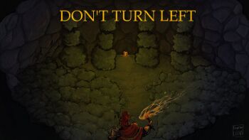 1other ambiguous_gender armor burning capelet cave d3rlord3 english_text fire forgotten_luna from_behind galea_helmet highres holding holding_torch red_capelet searching_for_a_world_that_doesn't_exist torch upper_body