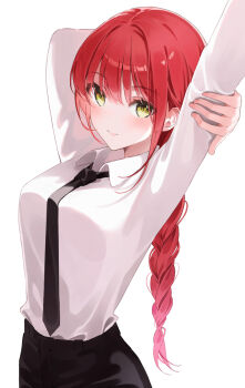 1girl arms_up black_necktie black_pants braid breasts chainsaw_man closed_mouth collared_shirt commentary_request cowboy_shot green_eyes hand_on_own_arm highres long_hair long_sleeves looking_at_viewer makima_(chainsaw_man) necktie pants pozi red_hair shirt shirt_tucked_in simple_background single_braid solo stretching white_background white_shirt wing_collar