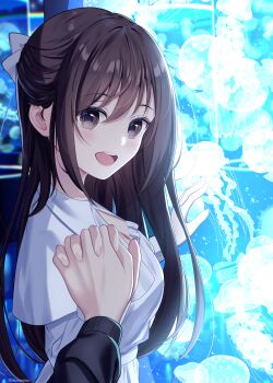 Rule 34 | 1boy, 1girl, :d, absurdres, animal, aquarium, black hair, breasts, choppy bangs, cleavage, cleavage cutout, clothing cutout, commentary request, from side, half updo, highres, holding hands, hominotsu, interlocked fingers, jellyfish, large breasts, long hair, long sleeves, looking at viewer, looking to the side, open mouth, original, out of frame, pov, shirt, smile, turning head, upper body, white shirt