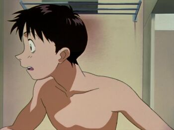 1boy 1girl alcohol animated anime_screenshot beer beer_can blush breasts brown_hair can chair cleavage collarbone completely_nude convenient_censoring covering_privates drink_can drinking embarrassed high_ponytail ikari_shinji katsuragi_misato neon_genesis_evangelion nude open_mouth ponytail purple_hair shirt sleeveless sleeveless_shirt smile table tagme video yellow_shirt