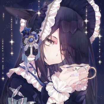 Rule 34 | 1girl, alternate costume, black hair, bonnet, cup, expressionless, eyes visible through hair, frilled bonnet, frills, hair over one eye, hashtag-only commentary, highres, holding, holding cup, horse girl, long bangs, long hair, looking at viewer, manhattan cafe (umamusume), solo, sparkle, star (sky), teacup, umamusume, umirukode, upper body, white wrist cuffs, wrist cuffs, yellow eyes