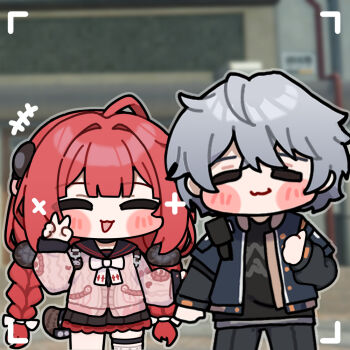 animal animal_on_back backpack bag bag_charm black_pants black_sailor_collar black_shirt black_skirt blue_jacket blush braid braided_twintails camera cardigan charm_(object) chest_bow closed_eyes closed_mouth game_screenshot_background grey_hair hair_ornament hair_ribbon hearing_aid holding_another's_arm jacket ldd.ek multiple_hair_ribbons open_mouth pants pink_cardigan raccoon red_hair ribbon sailor_collar screenshot_background shirt shoulder_bag skirt sphere_hair_ornament tanuki thumbs_up ukinami_yuzuha user_interface v white_ribbon wise_(zenless_zone_zero) zenless_zone_zero