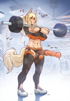 1futa animal_ear_fluff animal_ears animal_penis arknights barbell black_thighhighs blonde_hair breasts commentary crop_top crossed_arms english_commentary erection exercising full_body futanari highres horse_ears horse_girl horse_penis horse_tail huge_penis large_breasts large_testicles long_hair navel nearl_(arknights) penis ponytail shoes short_sleeves sidelocks sneakers solo standing steaming_body sulcate sweat tail testicles thighhighs uncensored watch weightlifting white_shoes wristwatch yellow_eyes