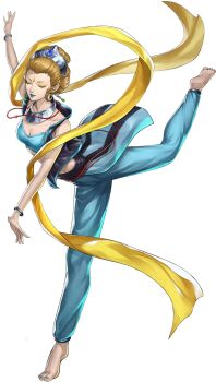1girl artist_request barefoot blonde_hair blue_lips blue_nails bracelet breasts cleavage closed_eyes closed_mouth demon_(megami_tensei) earrings facial_mark forehead_mark highres indian_clothes jewelry lakshmi_(megami_tensei) midriff necklace official_art persona persona_5 persona_5:_the_phantom_x shin_megami_tensei solo standing standing_on_one_leg third-party_source tiara transparent_background