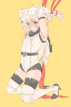 1girl armpits arms_up bare_shoulders black_thighhighs blush chinese_commentary commentary elbow_gloves gloves high_heels highres jiguang_haibao kneeling leotard long_hair restrained short_hair shy_(character) shy_(series) simple_background thighhighs yellow_background