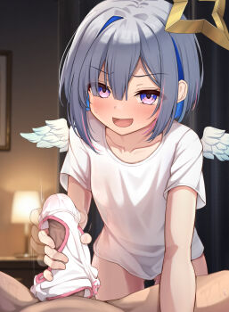 1boy 1girl afterimage age_difference amane_kanata blue_hair blush collarbone erection feathered_wings flat_chest grey_hair halo handjob hetero highres holoforce hololive loli looking_at_viewer multicolored_hair non_non_moral open_mouth paid_reward_available panties panties_on_penis penis pink_hair pov pov_crotch purple_eyes shirt short_hair single_hair_intake star_halo streaked_hair t-shirt underwear variant_set virtual_youtuber white_panties white_shirt white_wings wings