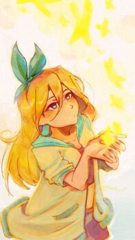 1girl alternate_hair_color aubrey_(faraway)_(omori) aubrey_(omori) blonde_hair blue_eyes blue_hairband blue_skirt denim denim_skirt double-parted_bangs hair_between_eyes hairband highres jacket long_hair navel omori shea_e short-sleeved_jacket short_sleeves sidelocks skirt solo white_jacket