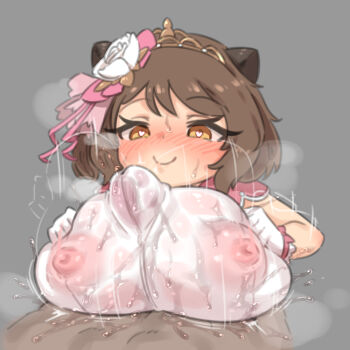 1boy 1girl basukechi breasts bulge erection erection_under_clothes granblue_fantasy grey_background huge_breasts large_penis looking_at_penis oppai_loli paizuri paizuri_under_clothes penis yaia_(granblue_fantasy)