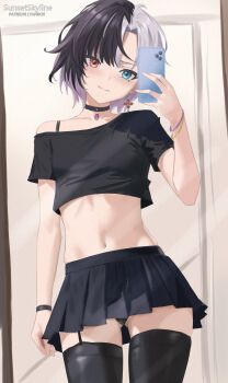1girl armband artist_name bare_arms black_armband black_choker black_hair black_panties black_shirt black_skirt black_thighhighs blue_eyes bra_strap bracelet cellphone choker chromashift commentary cowboy_shot crop_top cross cross_earrings earrings english_commentary heterochromia highres indoors jewelry light_smile midriff miniskirt mirror mirror_selfie multicolored_hair panties pantyshot pendant_choker phone purple_armband red_eyes rin_penrose selfie shirt short_hair short_sleeves skirt solo sunsetskyline taking_picture thighhighs two-tone_hair underwear virtual_youtuber white_hair yellow_armband