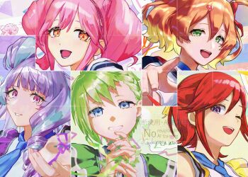 5girls blonde_hair blue_eyes blue_hair breasts brown_eyes cleavage dress freyja_wion green_eyes green_hair hair_between_eyes hair_bun hair_ornament heart heart_hair_ornament highres kaname_buccaneer long_hair looking_at_viewer macross macross_delta makina_nakajima mikumo_guynemer multicolored_hair multiple_girls open_mouth orange_hair pink_hair pointy_ears purple_eyes purple_hair red_eyes red_hair reina_prowler short_hair sleeveless smile streaked_hair twintails two-tone_hair utari very_long_hair walkure_(macross_delta)