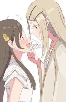 3girls absurdres blonde_hair blunt_bangs blush breasts brown_eyes brown_hair camisole chibi closed_mouth colored_eyelashes commentary_request embarrassed gakuen_idolmaster grey_robe hair_ornament hairclip hanami_ume hand_on_another's_chin hand_up height_difference highres idolmaster iroha_822 kuramoto_china laurels leaf_hair_ornament long_hair looking_at_another looking_down looking_up multiple_girls open_clothes open_mouth open_robe orange_eyes parallel_hairclips parted_bangs robe shinosawa_hiro shirt short_sleeves simple_background small_breasts smile standing upper_body white_background white_camisole white_shirt wide_sleeves yuri