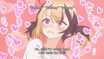 1girl blush brown_hair commentary derivative_work english_commentary english_text eyelashes fake_screenshot furrowed_brow gigi_murin heart heart_background highres hololive hololive_english multicolored_hair parted_lips pink_background pink_eyes scene_reference screenshot_redraw sharp_teeth shirt short_hair soda_pop3423 sono_bisque_doll_wa_koi_wo_suru subtitled teeth twintails two-tone_hair upper_body virtual_youtuber white_shirt yuri