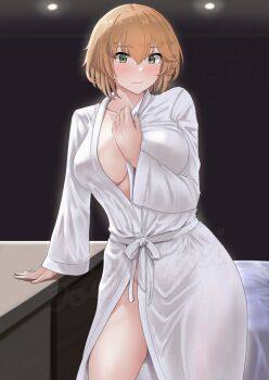 1girl alternate_costume alternate_hairstyle bathrobe blush breasts brown_hair collarbone commentary_request covered_erect_nipples cowboy_shot green_eyes hair_down highres jouzaburou_(joe3) kantai_collection large_breasts looking_at_viewer mutsu_(kancolle) naked_robe open_clothes open_robe robe short_hair solo white_robe