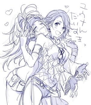 2girls armband bare_shoulders beads blush braid breasts closed_eyes cousins cowboy_shot detached_sleeves final_fantasy final_fantasy_x final_fantasy_x-2 hair_beads hair_ornament headband jewelry long_hair medium_breasts microskirt midriff multiple_girls nakagawa_waka necklace open_mouth parted_bangs ponytail rikku_(ff10) shirt short_hair short_shorts shorts sketch skirt sleeveless sleeveless_shirt smile white_background yuna_(ff10) yuri