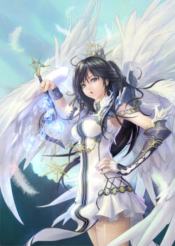 1girl ahoge angel angel_wings black_hair blue_eyes bracelet eat eat0123 elbow_gloves feathers female_focus fingerless_gloves gloves hair_ornament hand_on_own_hip hip_focus holding jewelry long_hair looking_at_viewer lots_of_jewelry magic multiple_wings original single_glove solo wand wings