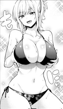 1girl bare_shoulders bikini breast_lift breasts collarbone commentary_request grabbing_own_breast greyscale hands_on_own_chest highres huge_breasts long_hair looking_at_viewer monochrome navel open_mouth original ryopa side-tie_bikini_bottom smile solo stomach sweat swimsuit