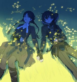 1boy 1girl arm_wrap baixing-1234567 chest_belt commentary dress fate/strange_fake fate_(series) fingerless_gloves fireflies gloves highres holding_hands hood hoodie leg_wrap long_hair long_sleeves low_twintails lying no_name_assassin_(fate) on_back on_grass pantyhose parted_lips short_hair sigma_(fate) sleeping sunlight twintails