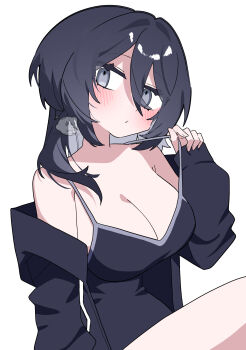 1girl :o absurdres bare_shoulders black_cardigan black_hair black_tank_top blush breasts cardigan cleavage collarbone colored_inner_hair commentary_request curious double-parted_bangs grey_eyes grey_hair hair_between_eyes hair_intakes head_tilt highres holding_strap large_breasts long_hair looking_at_viewer loosely_tucked_bangs messy_hair multicolored_hair off_shoulder oimotororo1116 original parted_lips signature simple_background sitting sleeves_past_wrists solo tank_top thick_eyelashes thighs upper_body white_background yuuka_(oimotororo1116)