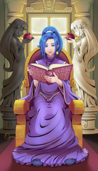 1girl 3d 3d_background absurdres artist_name blender_(medium) blue_eyes blue_hair book chrono_trigger commentary earrings english_commentary food fruit highres holding holding_book indoors jewelry krita_(medium) looking_at_viewer necklace open_book pendant ponytail purple_robe robe schala_zeal sitting solo statue tushantin window