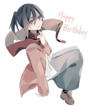 Rule 34 | 1girl, adjusting scarf, black hair, blue skirt, brown shoes, cardigan, commentary request, floating, full body, grey eyes, hair between eyes, haku33001, happy birthday, light blush, light smile, long hair, long skirt, mikasa ackerman, parted lips, pink cardigan, ponytail, red scarf, scarf, shingeki no kyojin, shirt, shoes, skirt, solo, white background, white shirt